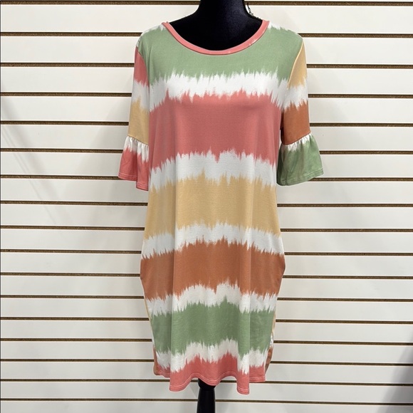 Cream N Sugar Striped Dress With Ruffle Sleeves and Pockets - Picture 1 of 2